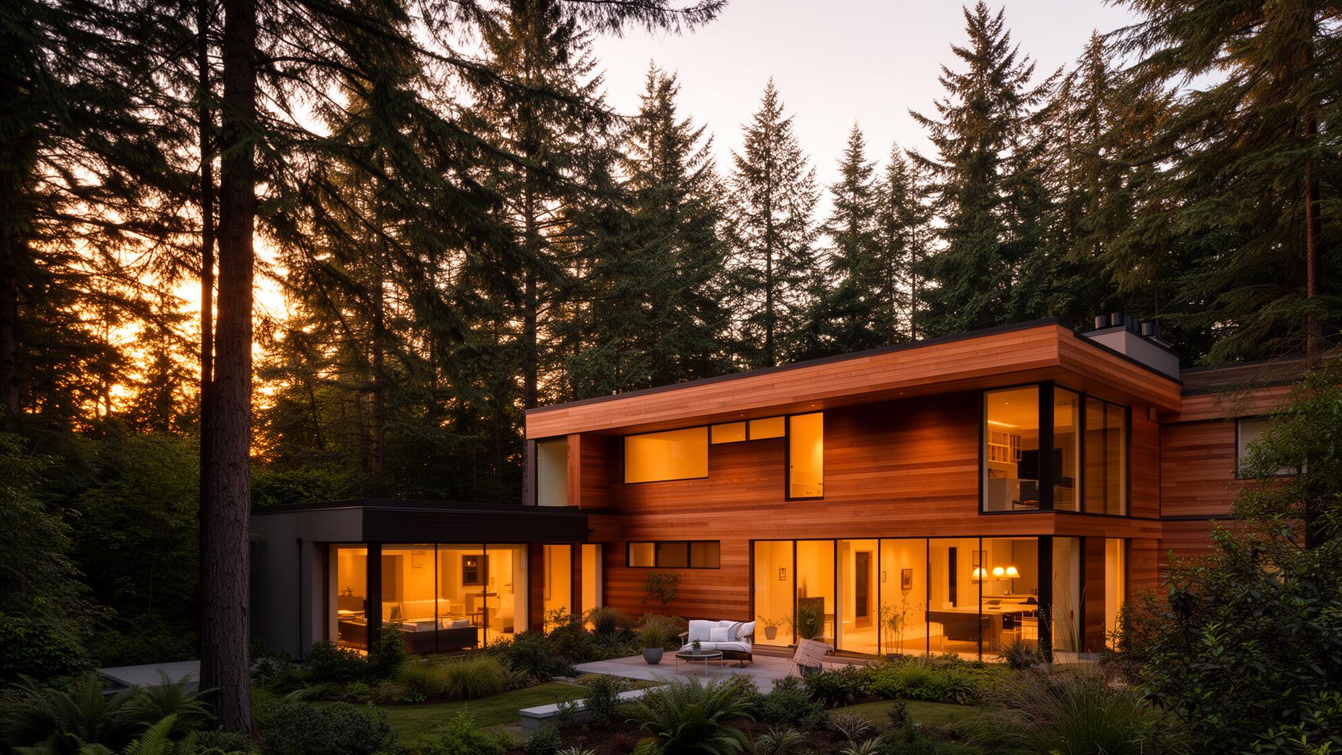 Modern west coast home among pine trees at golden hour
